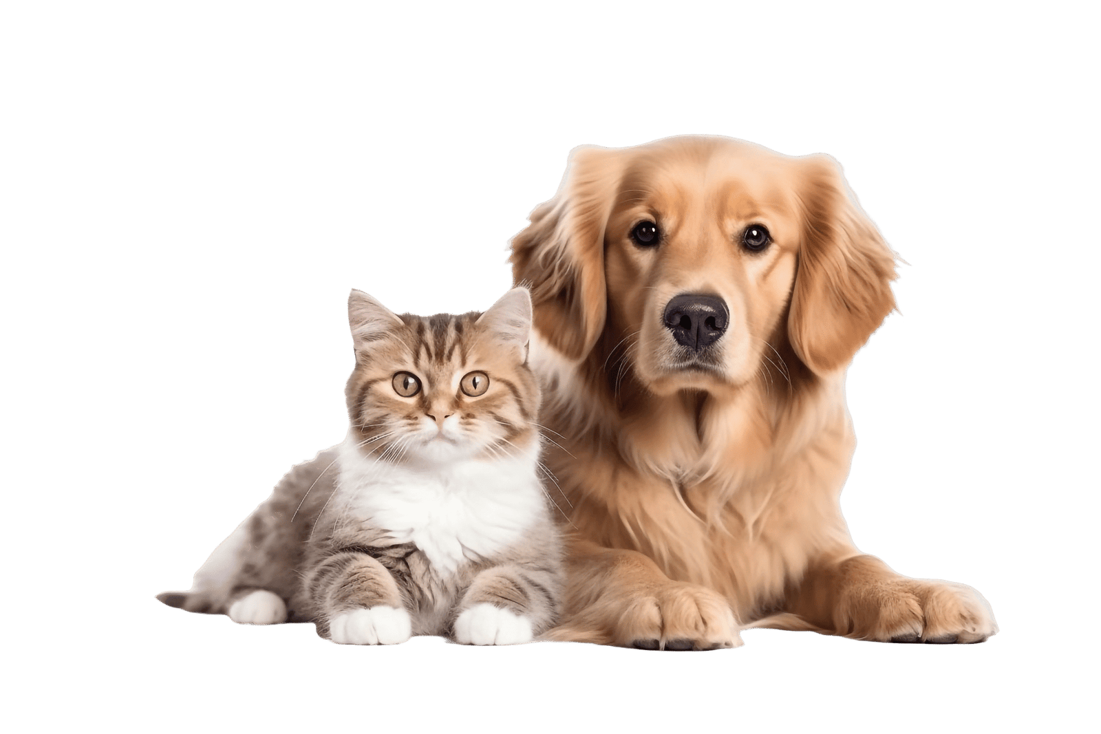 A golden retriever and a tabby kitten sitting together, calm and content